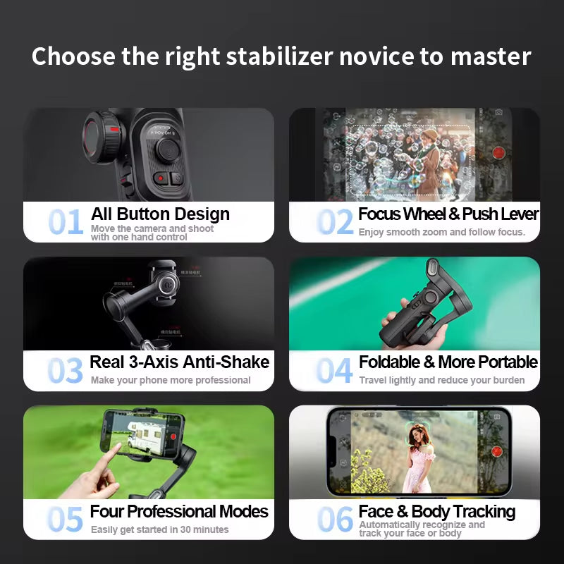 SmartXE Gimbal – 3-Axis Smartphone Stabilizer with Fill Light & Face Tracking
