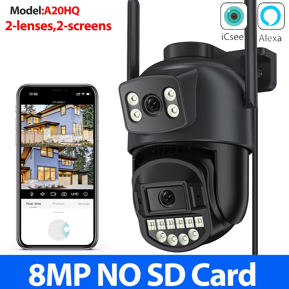 12MP 6K WiFi Outdoor Security Camera – Triple-Lens, Triple-Screen Surveillance with Night Vision & Smart Human Tracking