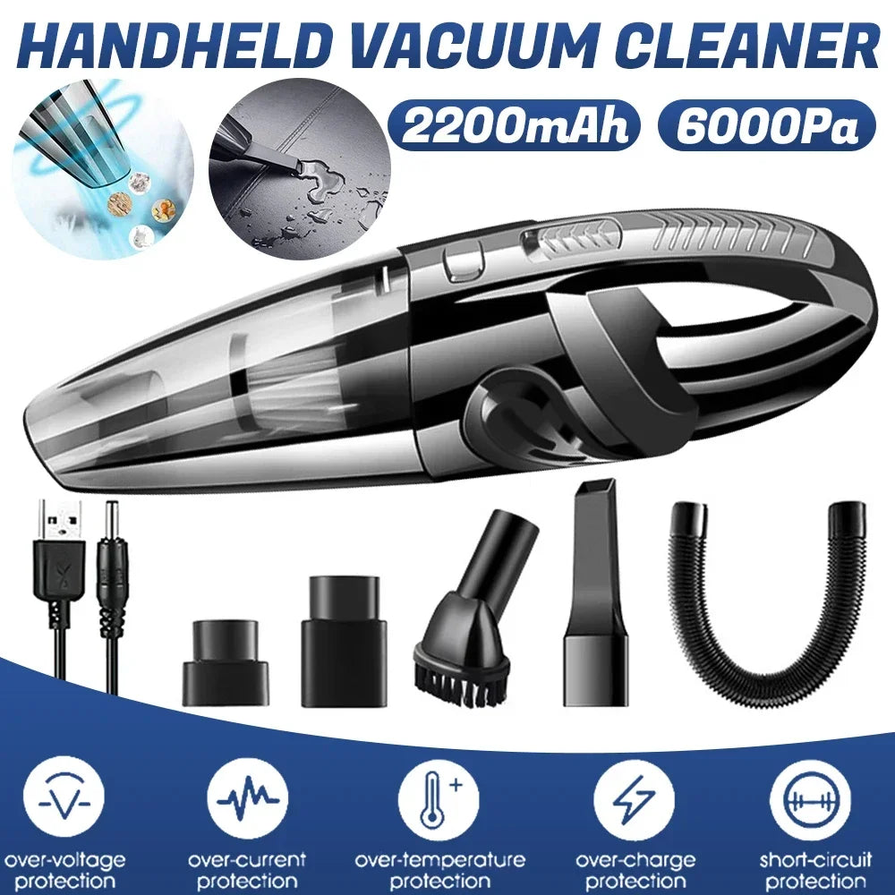 Portable Wireless Vacuum Cleaner – 6000Pa Powerful Suction, Rechargeable Handheld Cleaner for Car, Home & Pet Hair