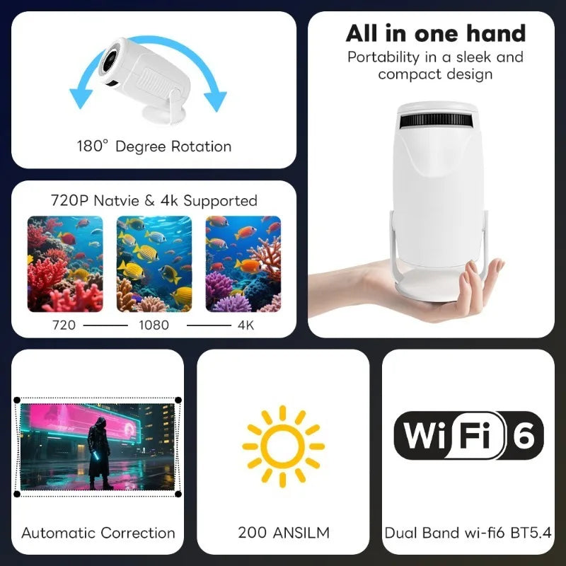 HY900 Smart Projector – 4K Decoding, Dual Wi-Fi 6, 290 ANSI, BT5.0 Home Cinema Projector