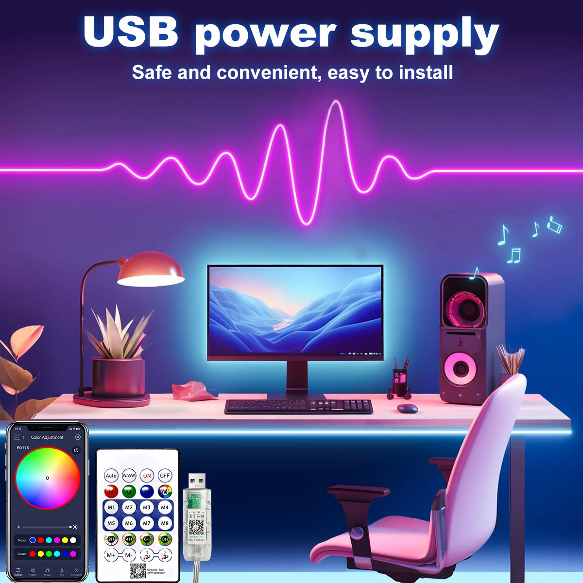 USB RGB Neon Strip Light – Waterproof Flexible LED Ribbon with Bluetooth Control for Home Décor