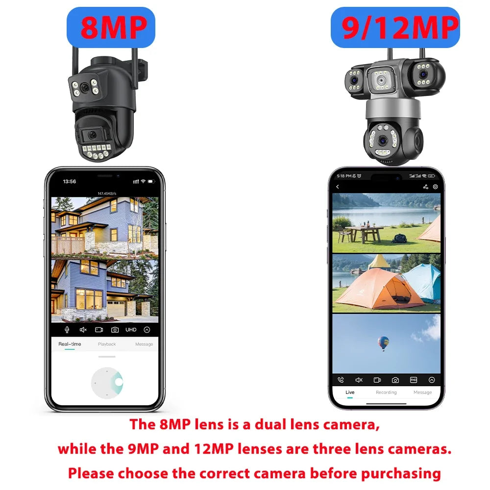 12MP 6K WiFi Outdoor Security Camera – Triple-Lens, Triple-Screen Surveillance with Night Vision & Smart Human Tracking