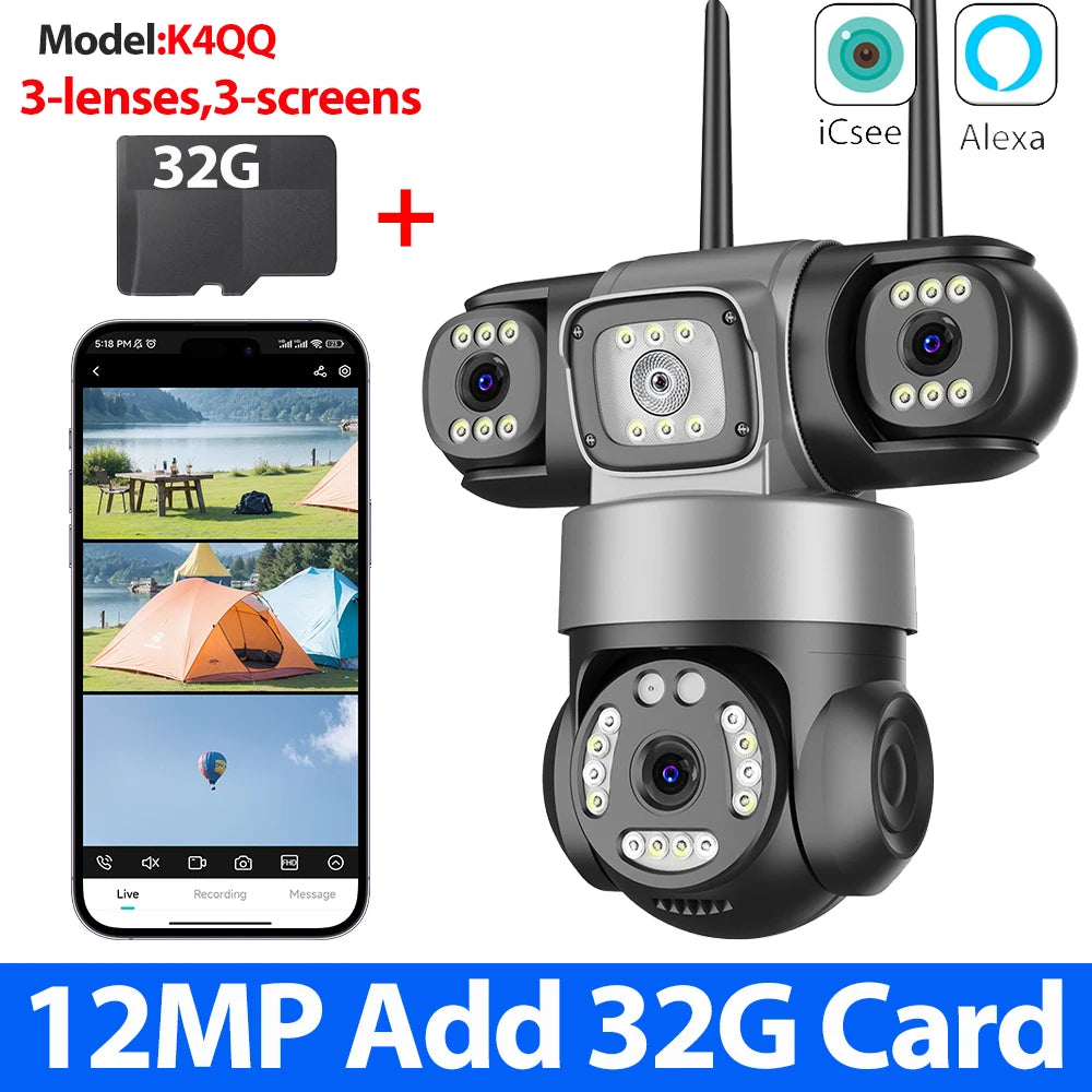 12MP 6K WiFi Outdoor Security Camera – Triple-Lens, Triple-Screen Surveillance with Night Vision & Smart Human Tracking