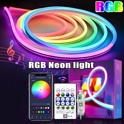 USB RGB Neon Strip Light – Waterproof Flexible LED Ribbon with Bluetooth Control for Home Décor