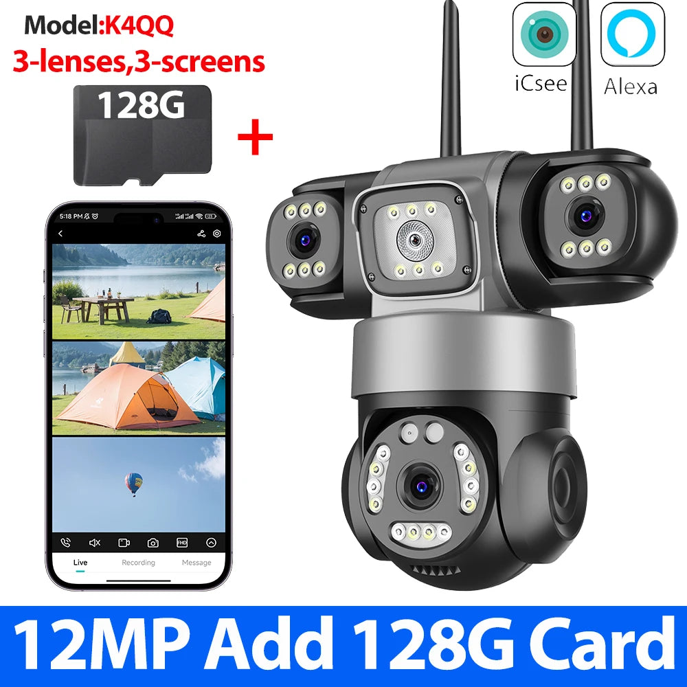 12MP 6K WiFi Outdoor Security Camera – Triple-Lens, Triple-Screen Surveillance with Night Vision & Smart Human Tracking