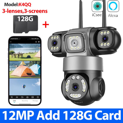 12MP 6K WiFi Outdoor Security Camera – Triple-Lens, Triple-Screen Surveillance with Night Vision & Smart Human Tracking