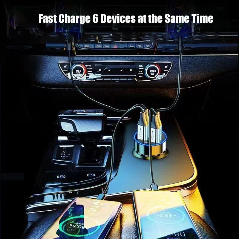 USB-C Car Charger 6-in-1 – Super Fast Adapter with Voltage Display for iPhone 16/15 Pro Max, Samsung & Android