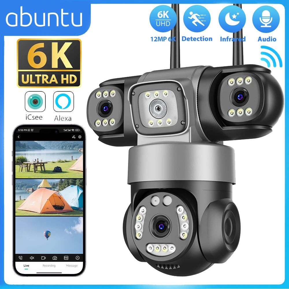 12MP 6K WiFi Outdoor Security Camera – Triple-Lens, Triple-Screen Surveillance with Night Vision & Smart Human Tracking