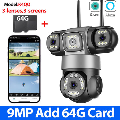 12MP 6K WiFi Outdoor Security Camera – Triple-Lens, Triple-Screen Surveillance with Night Vision & Smart Human Tracking