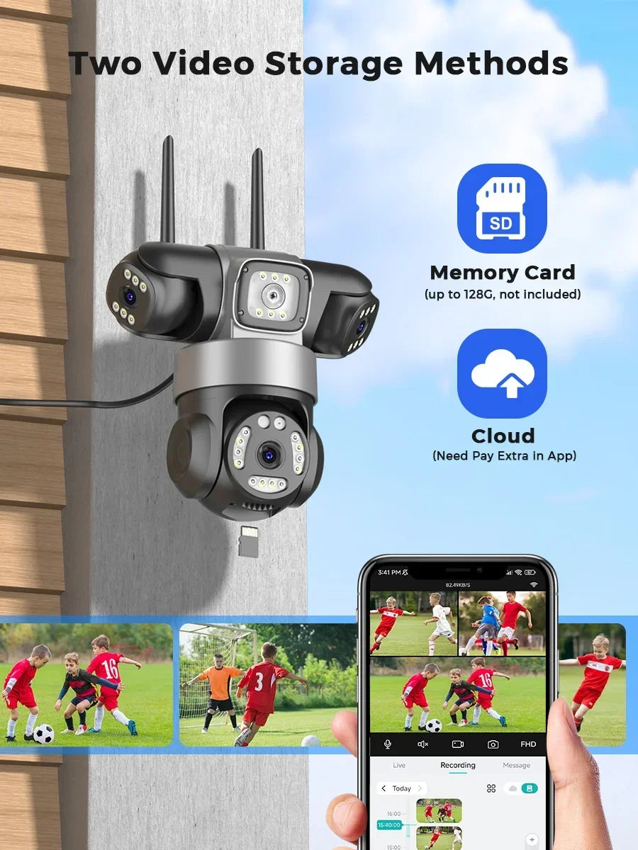 12MP 6K WiFi Outdoor Security Camera – Triple-Lens, Triple-Screen Surveillance with Night Vision & Smart Human Tracking