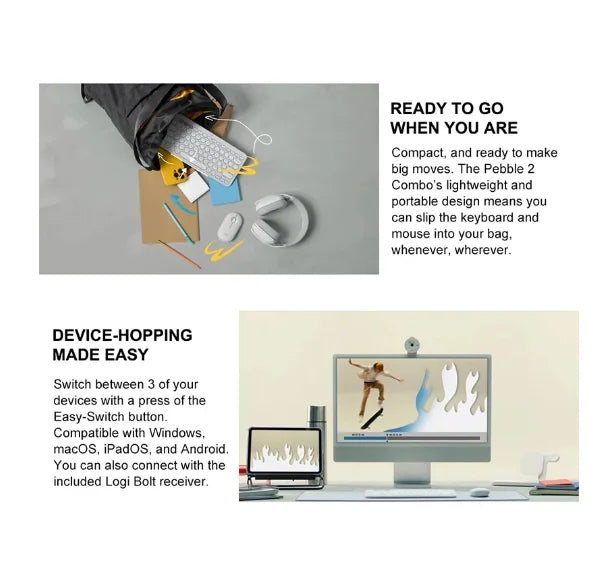 Logitech Pebble 2 Wireless Combo – Quiet Keyboard & Mouse Set for Home, Office, Windows, Android & iOS