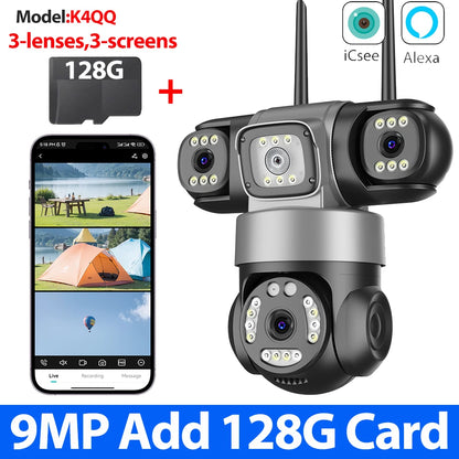 12MP 6K WiFi Outdoor Security Camera – Triple-Lens, Triple-Screen Surveillance with Night Vision & Smart Human Tracking