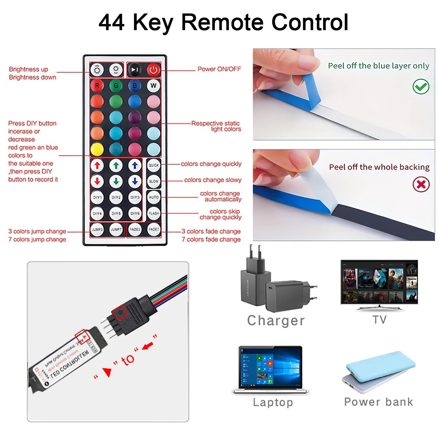 RGB LED Strip Lights with 44-Key Remote Control