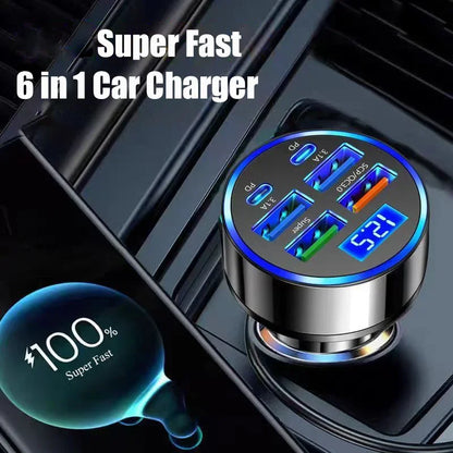 USB-C Car Charger 6-in-1 – Super Fast Adapter with Voltage Display for iPhone 16/15 Pro Max, Samsung & Android