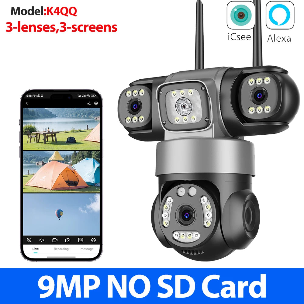 12MP 6K WiFi Outdoor Security Camera – Triple-Lens, Triple-Screen Surveillance with Night Vision & Smart Human Tracking