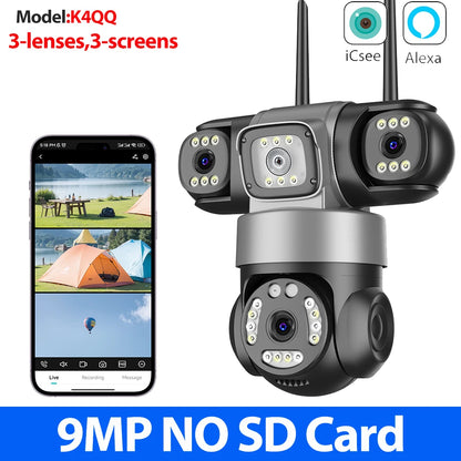 12MP 6K WiFi Outdoor Security Camera – Triple-Lens, Triple-Screen Surveillance with Night Vision & Smart Human Tracking