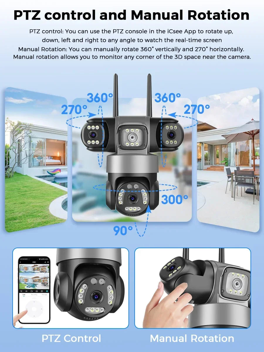 12MP 6K WiFi Outdoor Security Camera – Triple-Lens, Triple-Screen Surveillance with Night Vision & Smart Human Tracking