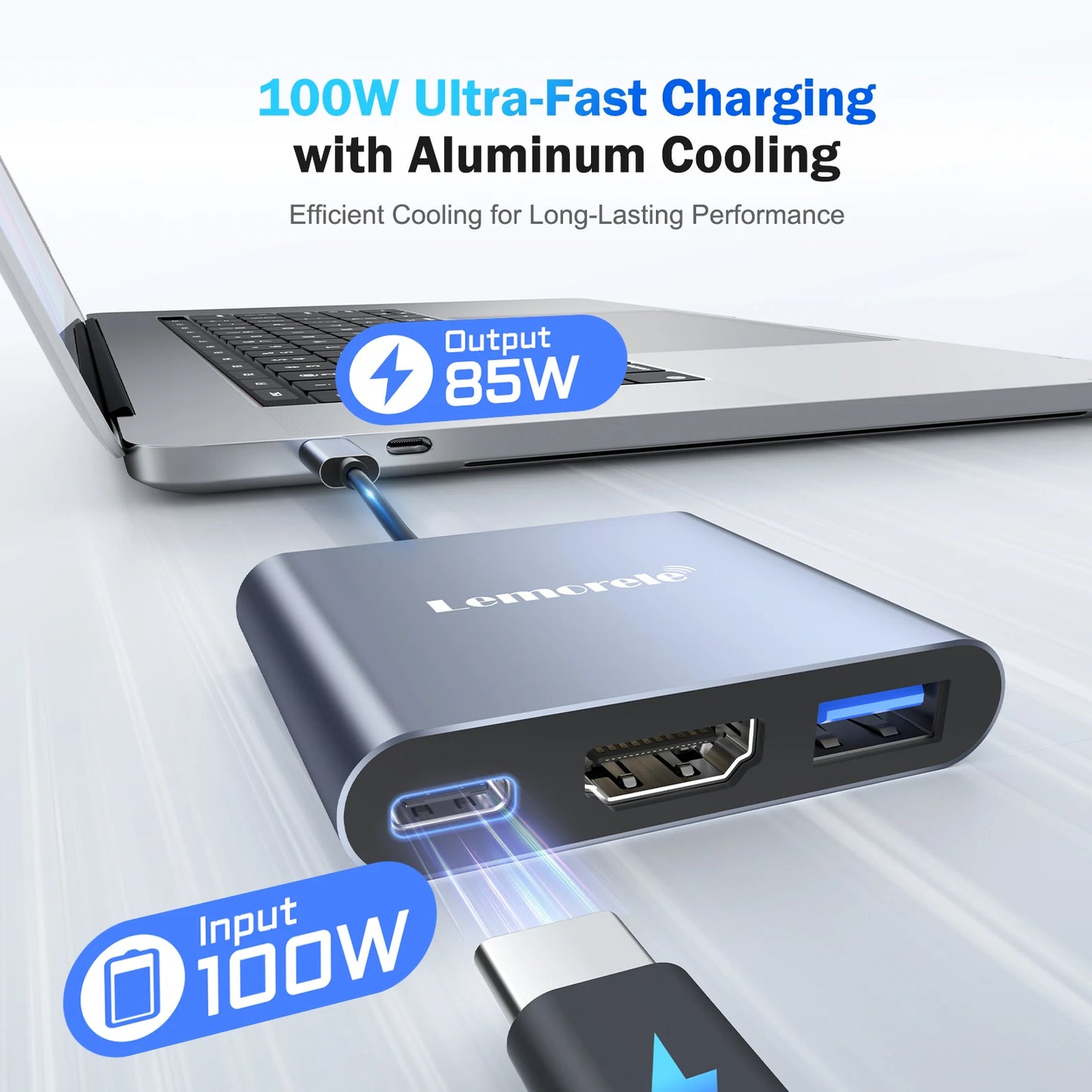 Lemorele USB-C Hub – 4K HDMI + USB 3.0 + 100W Fast-Charge