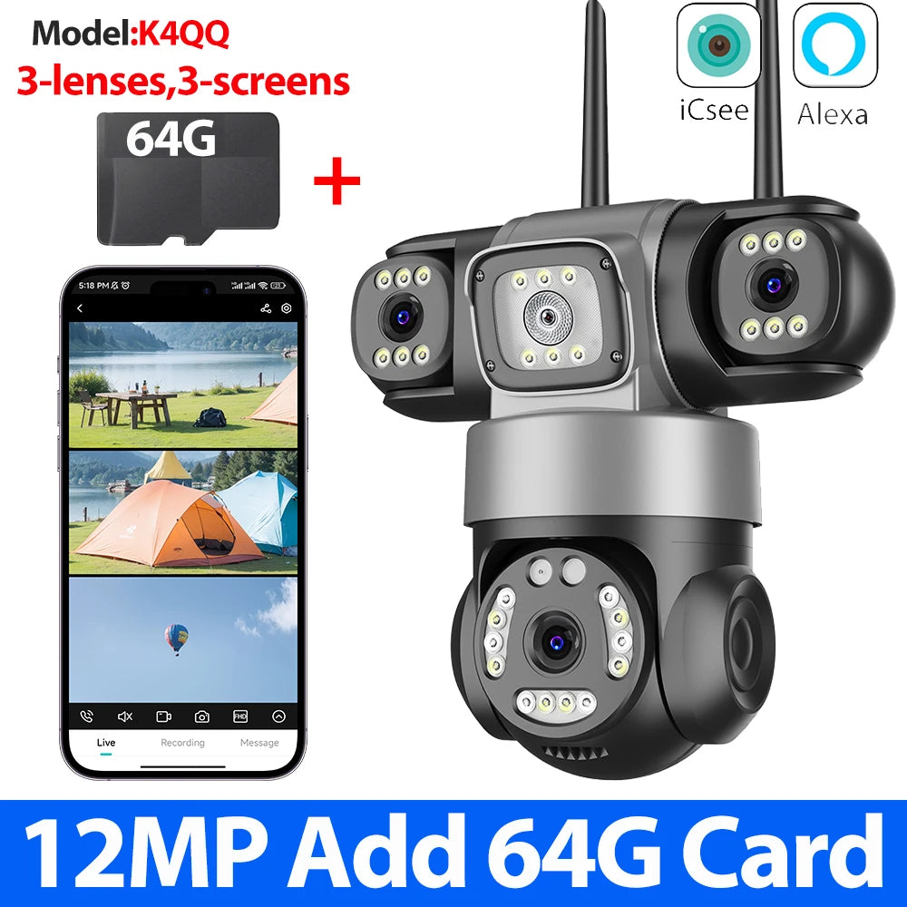 12MP 6K WiFi Outdoor Security Camera – Triple-Lens, Triple-Screen Surveillance with Night Vision & Smart Human Tracking
