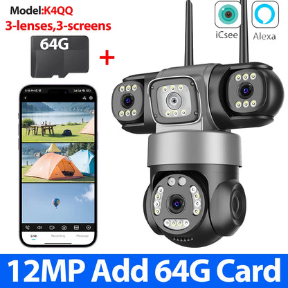 12MP 6K WiFi Outdoor Security Camera – Triple-Lens, Triple-Screen Surveillance with Night Vision & Smart Human Tracking